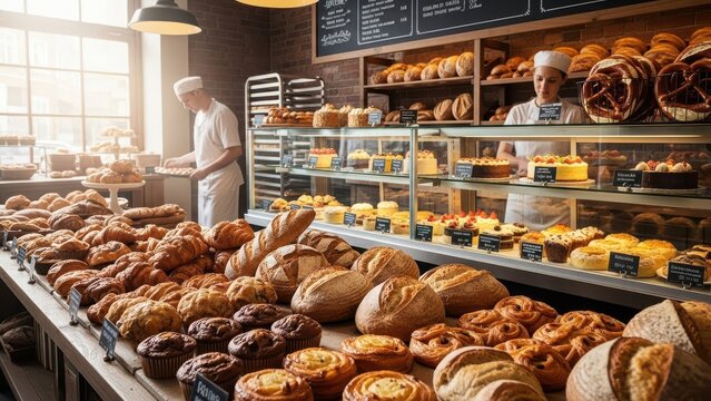 Abundant bakery display with freshly baked breads and pastries