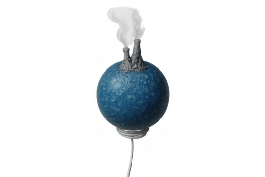 Earth sphere with smoking factory chimneys polluting atmosphere