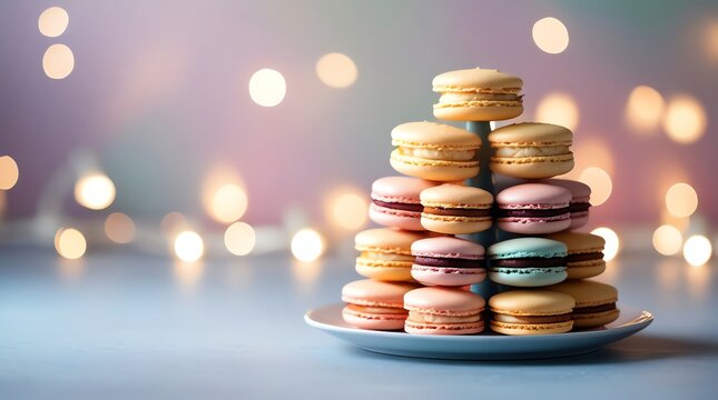 A tiered display of colorful macarons on a white plate