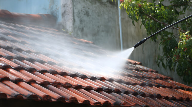 Nettoyage d'un toit avec un jet d'eau sur tuiles &agrave; l'ext&eacute;rieur d'une maison.