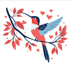 Obraz premium vector illustration of a red and blue humming bird with on a tree branch and heart shaped beaks on a white background cursive shapes minimalism flat design with pi