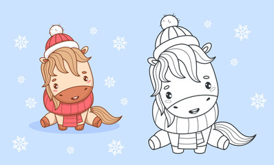 Cute winter Little Horse in Hat and Scarf. Funny cartoon kawaii animal set. Isolated Outline and Color drawing. Coloring Book. Vector illustration. Kids collection. Not AI