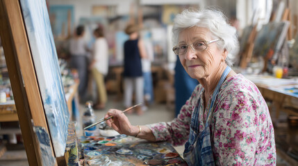 Une femme &acirc;g&eacute;e travaille sur un tableau dans un atelier de peinture avec d'autres personnes en arri&egrave;re-plan.
