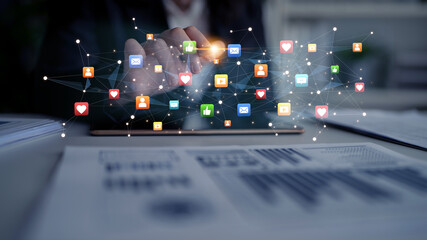 Social media interaction digital icons floating show concept of social media marketing. Online engagement, influencer marketing, and modern connection technology. Spline