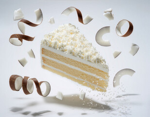 Triangular slice of white coconut cake with floating coconut curls on a white background.