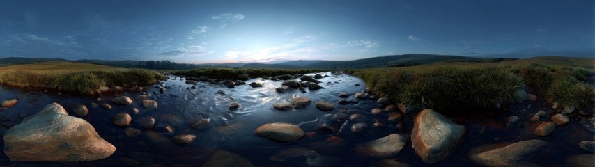 Obraz premium Panoramic hdr river landscape at dawn natural serenity hdri view