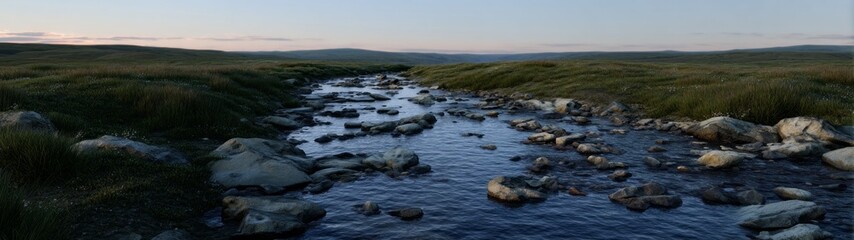 Obraz premium Hdr panoramic stream landscape at sunset nature photography scenic view