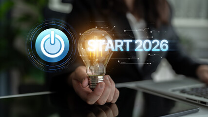 Start 2025 concept with futuristic power button symbolizing fresh beginnings, innovation, and...