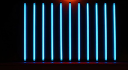Fototapeta premium Abstract Luminescent Array: A mesmerizing display of vertical lines emits a cool blue glow against a dark backdrop, creating a captivating visual effect. 
