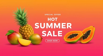 Vibrant Summer Sale: An eye-catching advertisement showcases a tropical paradise of fresh fruits in a delightful arrangement, perfectly illustrating the essence of summer sale