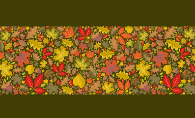 Seamless  pattern of autumn leaves of various tree species, including maple, oak, birch. Multicolored autumn leaves in warm seasonal tones, seamless  texture