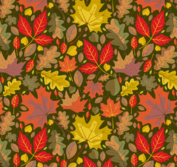 Seamless  pattern of autumn leaves of various tree species, including maple, oak, birch. Multicolored autumn leaves in warm seasonal tones, seamless  texture