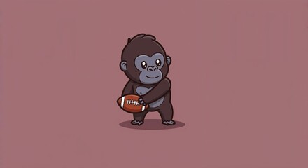 Fototapeta premium Rugby Gorilla's Dream: A charming gorilla cub, full of youthful energy, holds a rugby ball, looking excited, full of excitement, ready to play, and dreaming big.