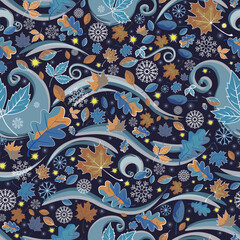 Seamless vector pattern combining colorful autumn leaves with winter snowflakes, symbolizing the transition between the fall and winter seasons. Colorful leaves mixed with cool, crystalline snowflake 