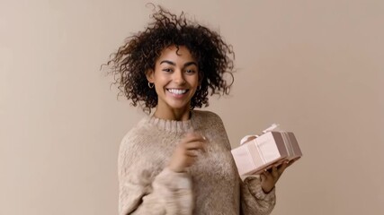 Solo auction winner smiling broadly while clutching their prize standing against a neutral background that highlights their joy and accomplishment.