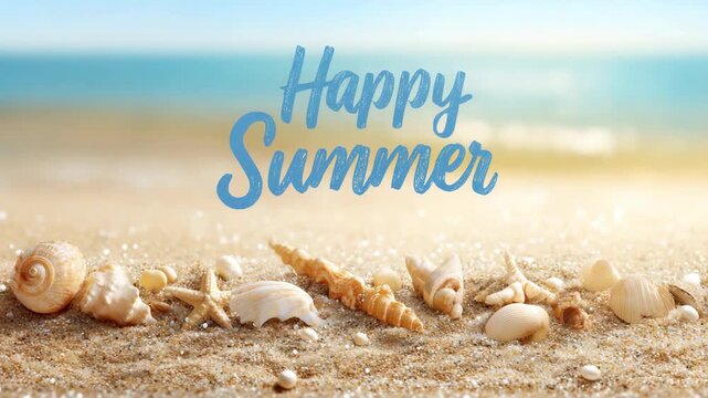"Happy Summer" Text with Seashells on Sunny Beach and Ocean Waves Background