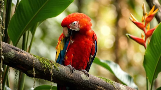Vibrant tropical bird perched on a branch amidst lush green foliage and exotic flowers