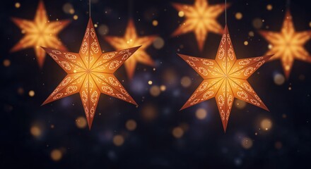 Celestial Luminaries: Captivating illuminated star decorations, radiating a warm, inviting glow against a background of soft bokeh, creating an atmosphere of enchantment and celebration.