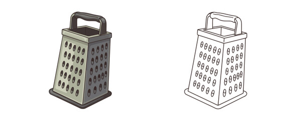 Vector illustration featuring a four sided metal box grater with a dark handle in two styles: a colored gray version and a minimal black outline contour version