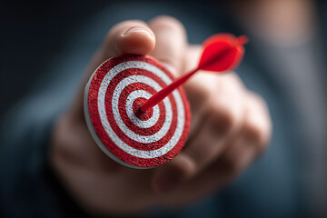 Business hands holding target icon, dartboard and arrow for creative and set up business objective target goal, marketing solution, target for business investment.