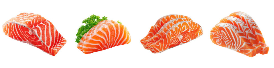 Fresh salmon sashimi slices ready for a delectable sushi platter, ideal for gourmet food blogs, upscale restaurant menus, and vibrant culinary presentations