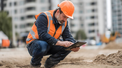 Un homme travaille sur un chantier de construction avec une tablette.