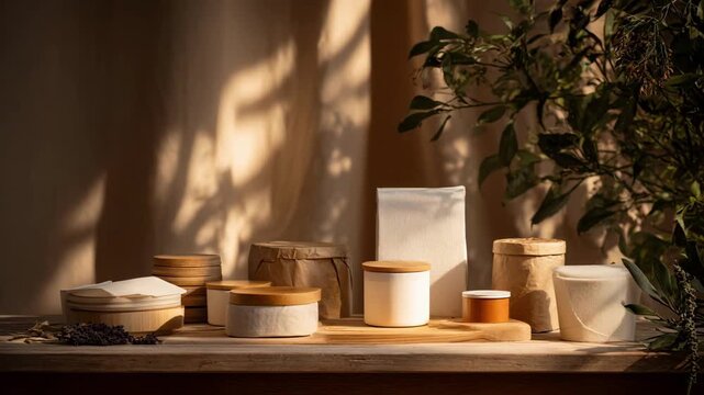 Plantbased packaging displayed on a wooden table showcasing sustainable containers and wraps derived from renewable botanical sources under soft lighting.