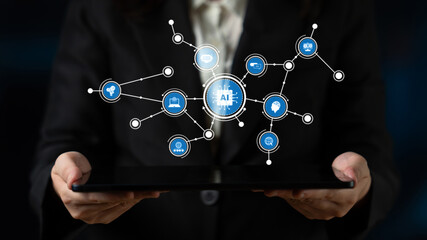 A business professional displays a tablet featuring dynamic AI technology visuals that highlight connectivity and digital innovation, representing modern solutions. Tessel