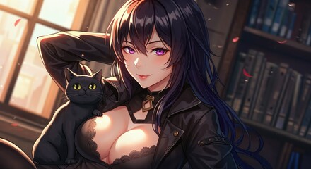 Elegance and Mystery: An alluring anime woman with deep purple eyes, accompanied by a sleek black cat, emanating an aura of captivating allure and enigmatic charm.