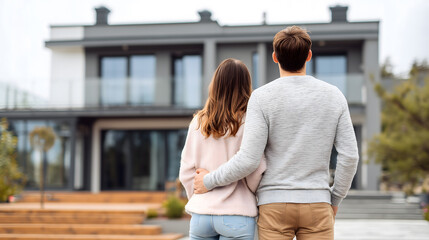 Un couple se tient devant une maison pour faire une proposition d'achat pour un projet immobilier.