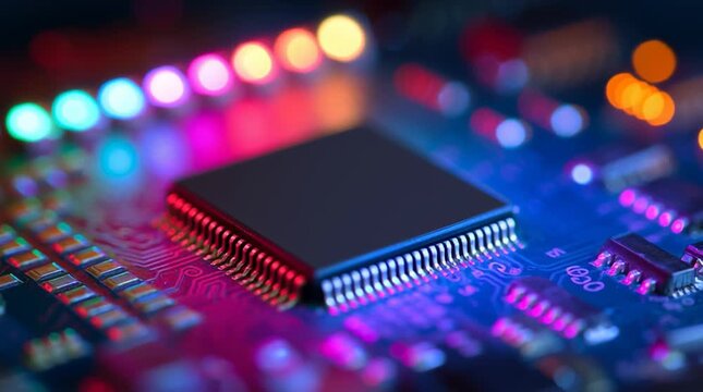 Close up of a computer chip on a circuit board with colorful led lights