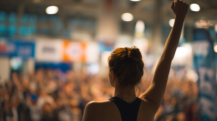 Foule encourageant une personne levant le poing sur scène, pendant un événement public de sport.