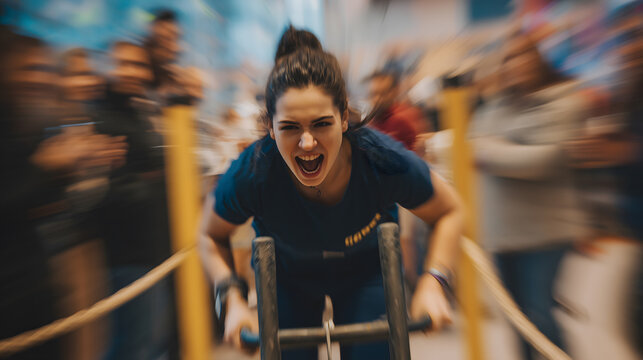 Une personne tire un traîneau lors d'une compétition sportive dans un gymnase pendant un événement local avec des spectateurs. - Powered by Adobe