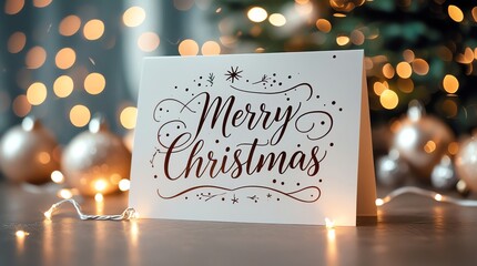 Christmas card with ornate script festive lights and ornaments