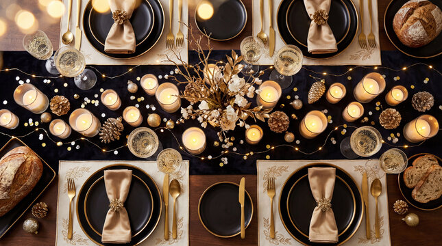 Overhead view of an opulent New Year table with black and gold plates, golden cutlery, sparkling wine glasses, candles, confetti, and festive decorations. Warm bokeh lights create a luxurious holiday.