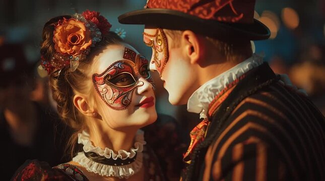 A couple wearing venetian masks at a carnival celebration event together