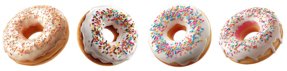 Indulge in Delightful Doughnuts: A Quartet of Sweet Treats with Sprinkles and Glaze, Perfect for a Cheerful Breakfast or Delicious Dessert Celebration!