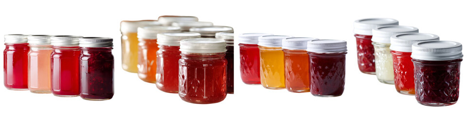 Delicious homemade jam and jelly jars in colorful assortment, perfect for farmers market, canning, or wholesome food blog, handcrafted goodness, sweet preserves
