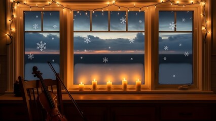 Five glowing candles line the wooden sill, complemented by string lights and large snowflake decals on the glass, with a single violin and bow resting against a wooden chair, symbolizing peace and sea