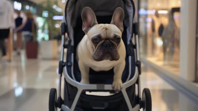 French bulldog in a pet stroller enjoying a pet friendly shopping mall, mp4 video.