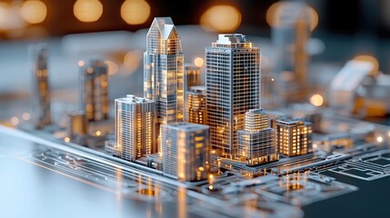 A detailed miniature city model with illuminated buildings, set on a circuit board, with a blurred background and dramatic lighting.