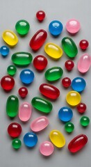 A collection of colorful jelly candies arranged on a smooth gray surface. The candies vary in shape and size, showcasing vibrant hues.