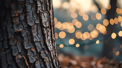 Closeup of rough tree bark with blurred bokeh lights in background