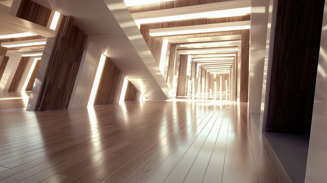 An architectural interior featuring a corridor with wooden walls, geometric shapes, and bright sunlight creating reflections on the polished floor.