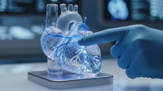 Scientist Examining a Futuristic 3D Printed Human Heart Model.