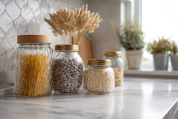Modern kitchen counter showcases glass jars filled with pasta, lentils, oats, dried wheat stalks.