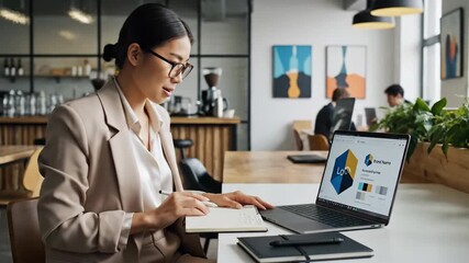 Person working on laptop with financial charts and graphs in a modern office setting - Powered by Adobe