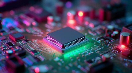 Close up view of a microchip on a circuit board with colorful led lights - Powered by Adobe