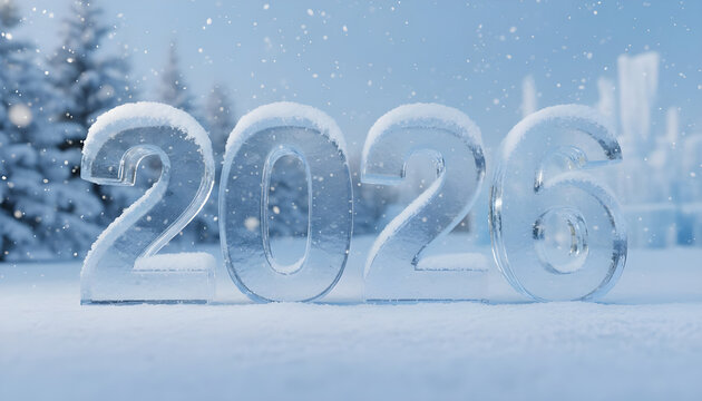 Ice numbers 2026 on snow illustrating concept of colder New Year celebration and winter holidays. Annual calendar, timeline, or annual report. - Powered by Adobe