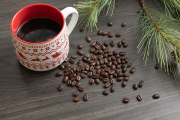 Mug of Coffee with coffee beans and a Christmas border